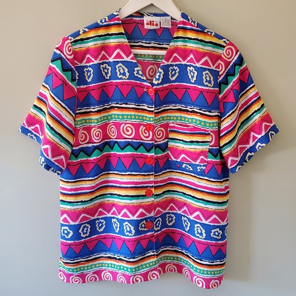 Alia 10 Vintage 90s Bold Retro Tribal Funky Dopamine Artsy Button Down Shirt - Picture 1 of 9